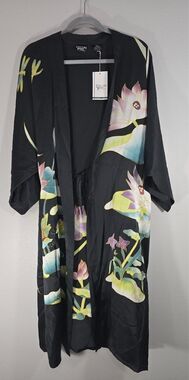 Crossing Pointe 100% Silk Black Floral Wrap Kimono Dress sz M NWT BM